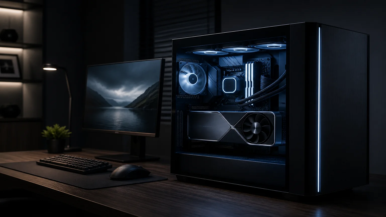 Gaming desktop tower with illuminated components for Niagara PC repair